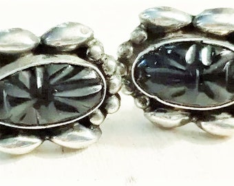 HALLMARKED vintage onyx & silver earrings, Taxco, screwbacks