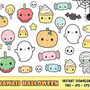 Halloween kawaii clipart set Mignon Halloween clipart Kawaii Pumpkin Ghost Candy cliparts Planner clipart Graphiques vectoriels Téléchargeable