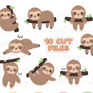 Cute Sloth SVG Layered cut file Kawaii baby sloth cutting file Bundle Funny lazy animal Sleeping Hanging sloth Silhouette Cricut Vinyl Shirt
