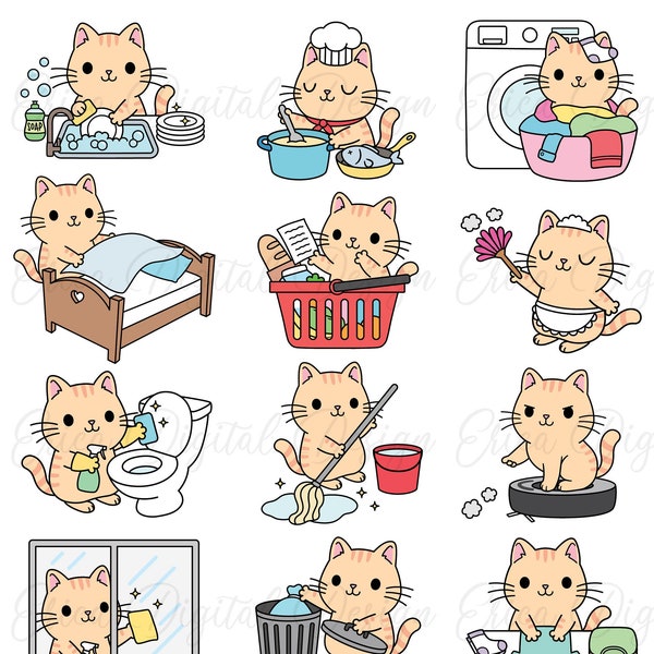 Clipart de tâches ménagères Clipart de chats drôles Kawaii icônes de chat mignon Nettoyage lessive Poubelle Vaisselle Autocollants imprimables Fournitures de planificateur Vector