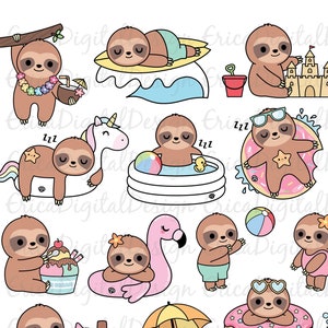 Cute sloths clipart Kawaii summer sloth Beach Pool party digital clipart Funny sloth images Printable Planner supplies Vacation illustration