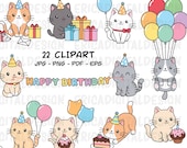 Birthday cats clipart Cute cat party clip art Kawaii kitten Kitty icons Pet Animal illustrations Printable stickers Planner supplies Vectors