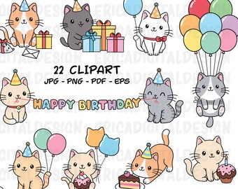 Geburtstag Katzen Clipart süße Katze Party ClipArt Kawaii Kätzchen Kitty Symbole Haustier Tier Illustrationen druckbare Aufkleber Planer liefert Vektoren
