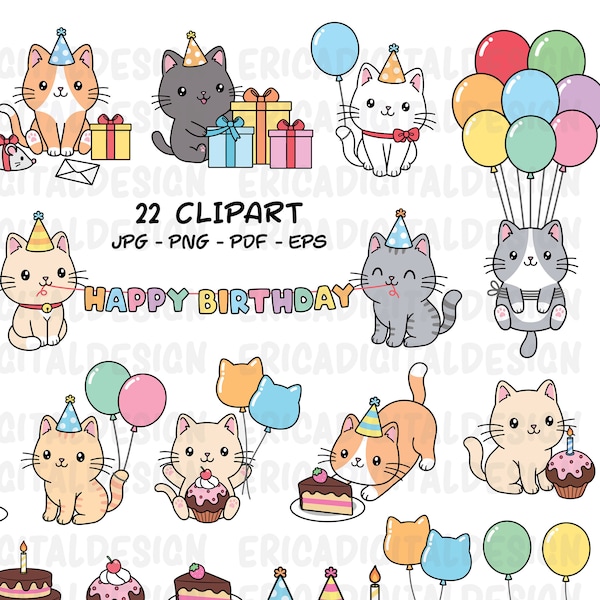 Koty urodzinowe clipart Cute cat party clipart Kawaii kitten Kitty ikony Pet Animal ilustracje Do druku Naklejki Planner dostarcza Wektory