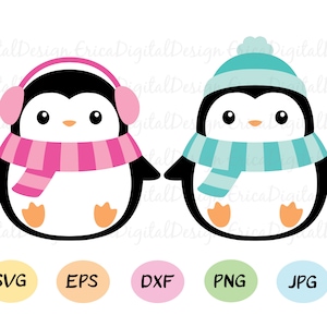 Pingouins mignons SVG coupé fichier Kawaii pingouin vecteur de coupe fichier hiver Noël EPS Dxf Silhouette Cricut SCAL Machines de coupe Vinyle Fer sur