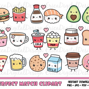 Perfect match kawaii clipart set Cute food clip art Friendship Best Friend Love Valentine Funny vector graphics Sweet Planner printables