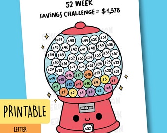 52 Week Saving Challenge Cute Saving goal tracker Printable Bullet Journal Planner insert Kawaii Gumball Coloring page Money saver motivator