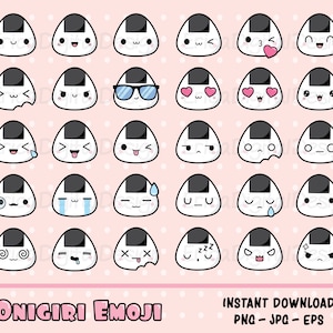Zestaw clipartów Onigiri emoji kawaii Urocze emoji Grafika clipartów z uśmiechniętą buźką Emotikony cliparty Naklejki do wydrukowania Planer Zabawne emocje Miłośnik sushi w Japonii