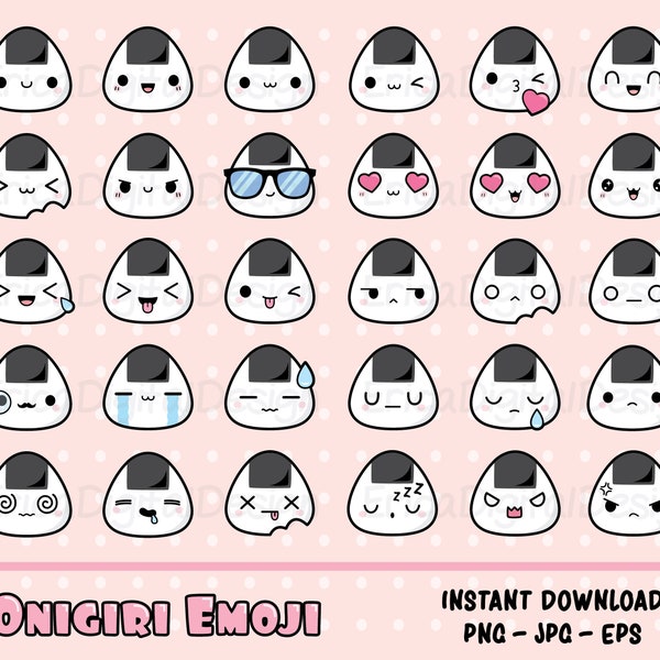 Onigiri emoji kawaii clipart set carino emoji Smiley faccia clip art Emoticon cliparts Printable Planner Adesivi divertimento emozioni Sushi Giappone amante