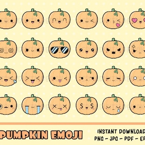 May include: A set of 24 digital pumpkin emoji illustrations with various facial expressions. The pumpkins are orange with green stems and black outlines. The emojis include happy, sad, angry, surprised, and more.