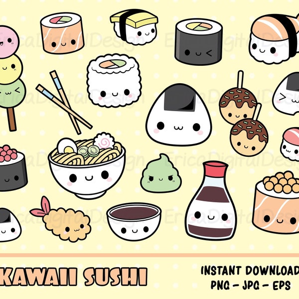 Sushi kawaii Clipart Bundle Cute sushi clip art Onigiri Nigiri Maki Ramen Noodles Soy sauce Japanese food Rolls Printable Planner Stickers