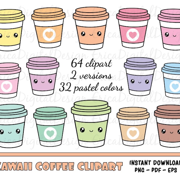 Colorful coffee cup clipart set Kawaii coffee clip art Printable planner stickers Planner supplies Pastel colors Vector graphic Downloadable