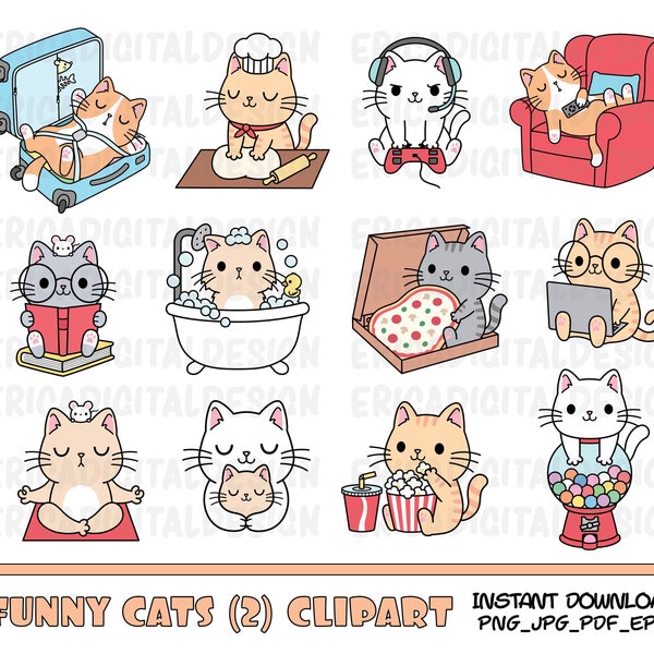 Grappige katten clipart Schattige kat clipart Kawaii kitten doodle Kitty iconen Huisdier illustratie Afdrukbare stickers Planner levert Commerciële Vector