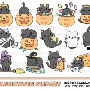 Halloween Katze Clipart Set süße Halloween schwarze Katzen ClipArt Kawaii Kürbis Ghost Candy Cliparts druckbare Planer Bilder Vektorgrafiken