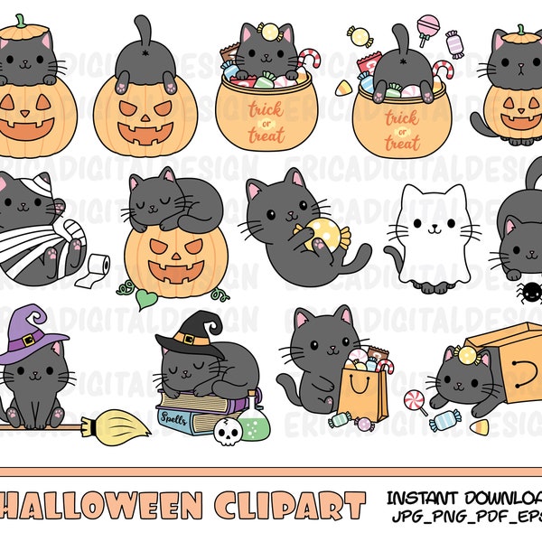 Halloween cat clipart set Cute Halloween black cats clip art Kawaii Pumpkin Ghost Candy cliparts Printable planner images Vector graphics