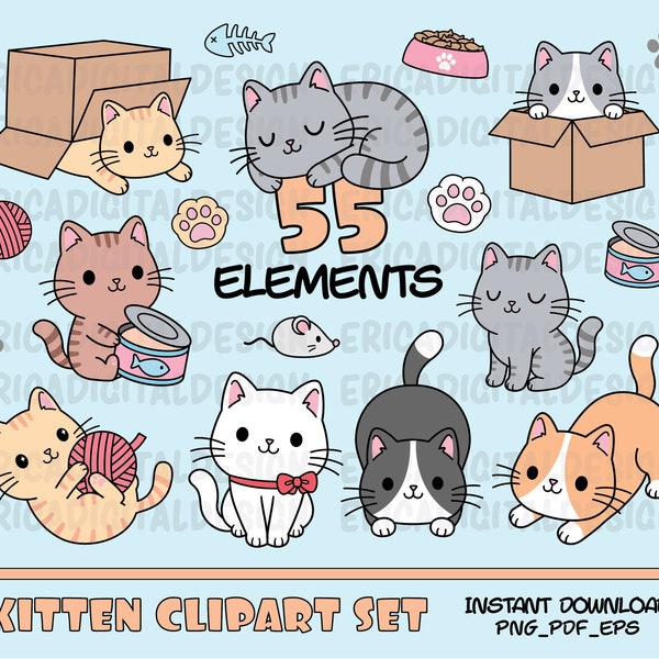 Cats clipart Cute cat clip art Kawaii kittens Kitty icons Pet illustrations Cat printable stickers Planner supplies Vector Commercial use