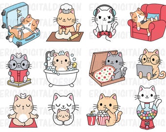 Gray Cats Clipart Bundle Funny Cute Cat Clip Arts Kawaii Kitten