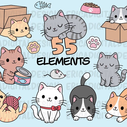 Cats Clipart Cute Cat Clip Art Kawaii Kittens Kitty Icons Pet - Etsy
