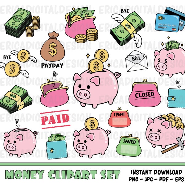 Saving money tracker clipart Financial clip art Piggy bank Payday Dollars Budget icons Printable stickers Planner supplies Vector Commercial