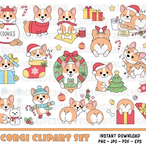 Christmas corgi clipart set Cute corgi digital clipart Kawaii puppy Planner clipart Christmas printables Vector graphic Holiday illustration