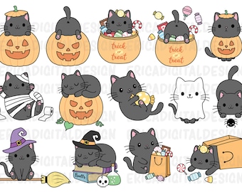 May include: A set of 10 Halloween clip art images featuring cute black cats in various poses. The cats are dressed in costumes, holding candy, and sitting in pumpkins. The images are perfect for use in digital scrapbooking, card making, and other craft projects.