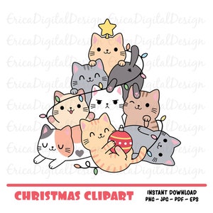 Christmas tree kawaii clipart lindo gato digital clip art Gatos divertidos imprimibles de Navidad Gráficos vectoriales Ilustraciones de vacaciones para la camiseta