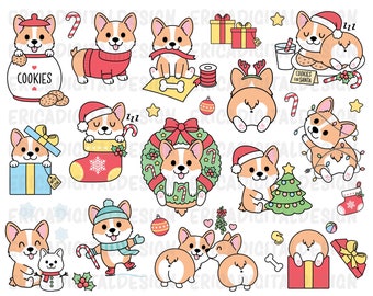 Christmas corgi clipart set Cute corgi digital clipart Kawaii puppy Planner clipart Christmas printables Vector graphic Holiday illustration