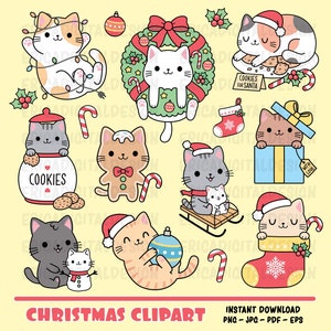 Weihnachten Kawaii Clipart Set süße Katze digitale ClipArt lustige Katzen Planer Clipart Weihnachten Druckbare Vektorgrafiken Urlaub Illustrationen