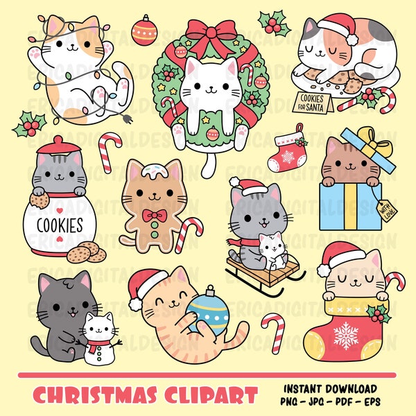 Christmas kawaii clipart set Cute cat digital clip art Funny cats Planner clipart Christmas printables Vector graphics Holiday illustrations