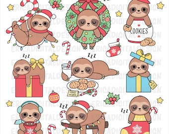Christmas kawaii clipart Cute sloths digital clipart Funny sloth Planner clipart Christmas printables Vector graphics Holiday illustrations
