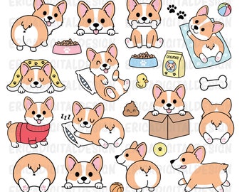 Kawaii corgi clipart set Cute corgi butt Funny dogs digital clipart Planner supplies Vector graphic Puppy Printables Animal illustration