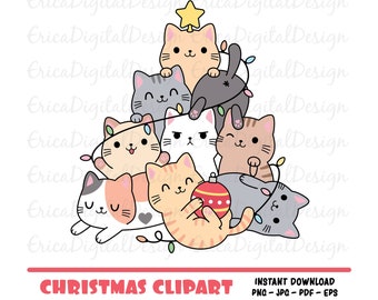 Christmas tree kawaii clipart Cute cat digital clip art Funny cats Christmas printables Vector graphics Holiday illustrations for t-shirt