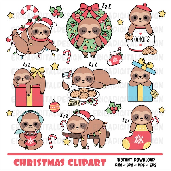 Christmas kawaii clipart Cute sloths digital clipart Funny sloth Planner clipart Christmas printables Vector graphics Holiday illustrations