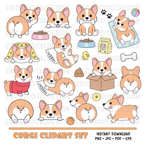 Kawaii Corgis Clipart Set Süßer Corgis Hintern Lustige Hunde digitale Clipart Planer Lieferungen Vektorgrafik Welpe Printables Tier Illustration