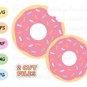 Op de afbeelding: Twee roze en gele donuts met witte en kleurrijke sprinkels. De donuts overlappen elkaar en een is gedeeltelijk opgegeten.