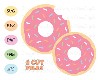 May include: Two pink and yellow donuts with white and colorful sprinkles. The donuts are overlapping and one is partially eaten.