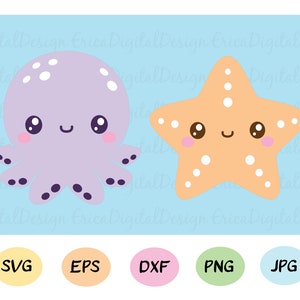 Oktopus und Seestern SVG süße Baby Oktopus Kawaii Seestern geschnitten Datei Ozean Meer Tier schneiden Datei EPS Dxf Silhouette Cameo Curio Cricut SCAL