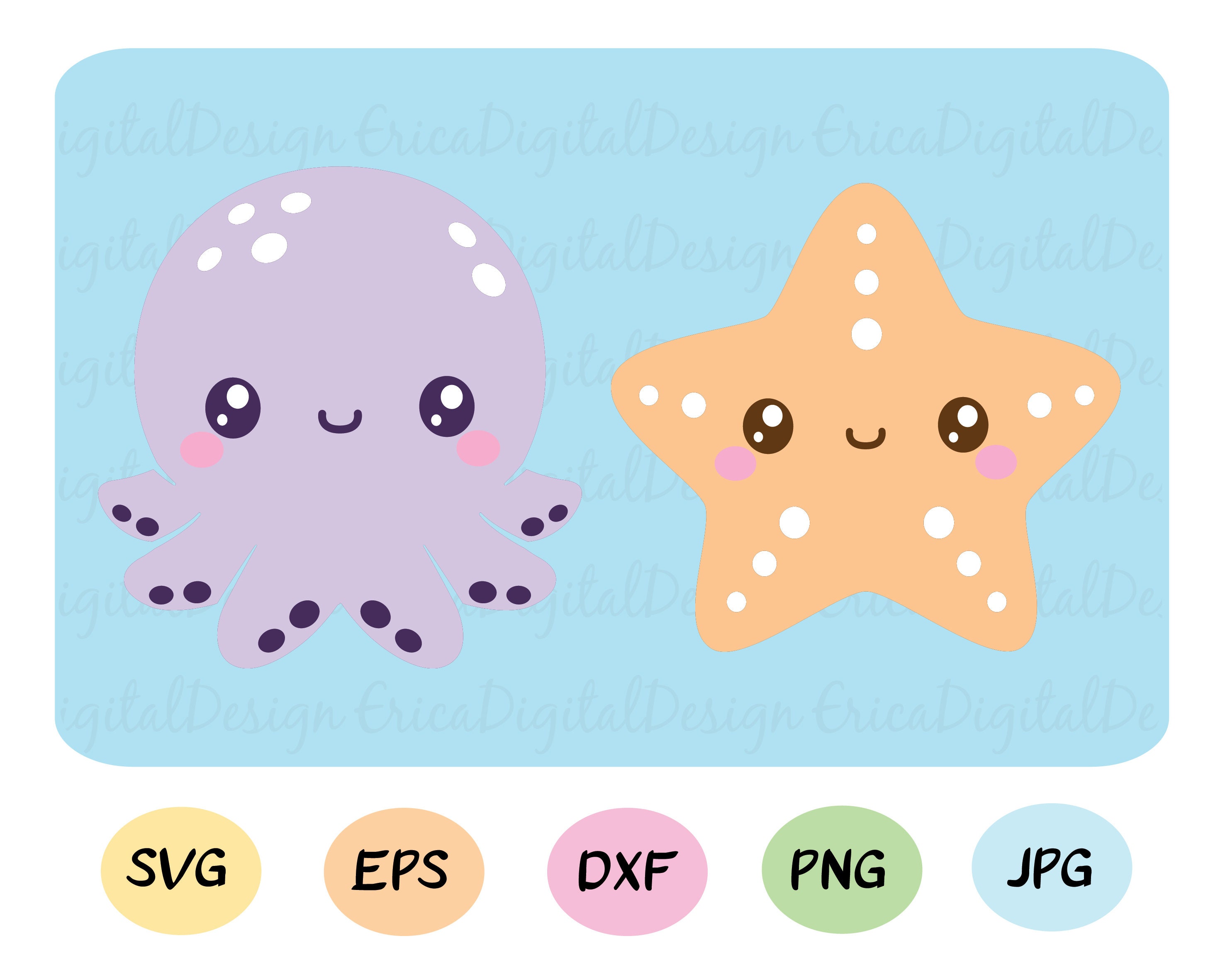Pulpo y estrellas de mar SVG lindo pulpo bebé Kawaii Estrella de Mar cortar  archivo Ocean Sea archivo de corte de animales EPS Dxf Silhouette Cameo, image size:2953x2362