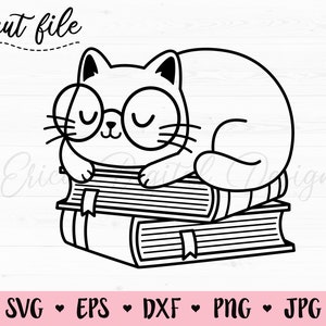 Cat SVG Cat on books cut file Kawaii cat with glasses cutting file Funny nerd cats Cat lovers Cat mama Silhouette Cricut Vinyl T-shirt