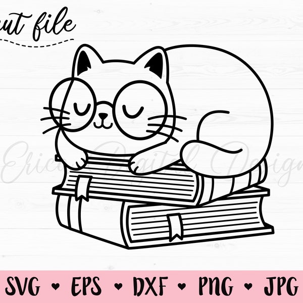 Cat SVG Cat on books cut file Kawaii cat with glasses cutting file Funny nerd cats Cat lovers Cat mama Silhouette Cricut Vinyl T-shirt