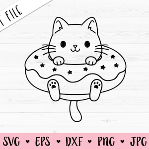 Donut kat SVG Cat Outline gesneden bestand Kawaii kitty Donut Zoete dier Laser Graveren Silhouet Cricut Vinyl Baby Bodysuit Kid Girl Shirt