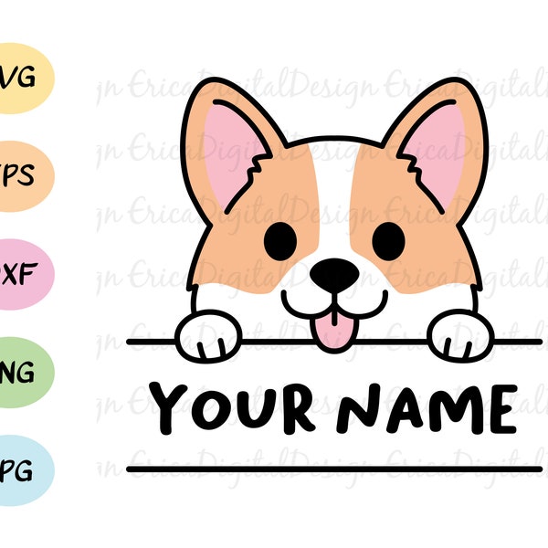 Corgi svg coupé fichier Cute corgi chien Name Label Frame Monogram fichier de coupe Pet vector Funny animal Silhouette Cameo Cricut Vinyl Baby Kids