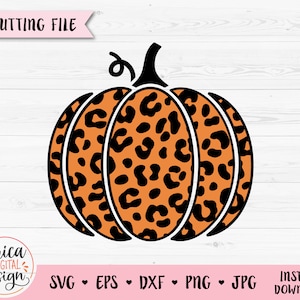 May include: A black and orange pumpkin with a leopard print design. The pumpkin is outlined in black and has a stem at the top.