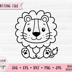 Löwe SVG Cute sitzender Löwe Outline Cut File für Cricut Silhouette Dschungel Safari Zoo Tier Clipart PNG Baby Shower Kinder Lasergravur DXF