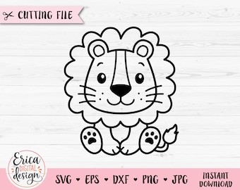 Lion SVG Cute sitting lion Outline cut file for Cricut Silhouette Jungle Safari Zoo Animal clipart PNG Baby shower Kids Laser engraving DXF