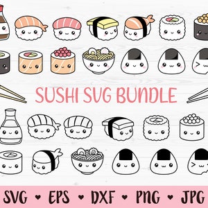 Kawaii Sushi SVG Bundle Japanisches Essen Schneidedatei Niedliche Nigiri Sojasauce Onigiri Maki Ramen Japan Liebhaber Silhouette Cricut Vinyl Aufkleber Shirt