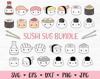 May include: A set of 20 black and white line drawings of cute sushi and Japanese food items. The images include sushi rolls, nigiri, onigiri, soy sauce, chopsticks, and a bowl of ramen. The text "SUSHI SVG BUNDLE" is at the top of the image. The text "SVG EPS DXF PNG JPG" is at the bottom of the image.