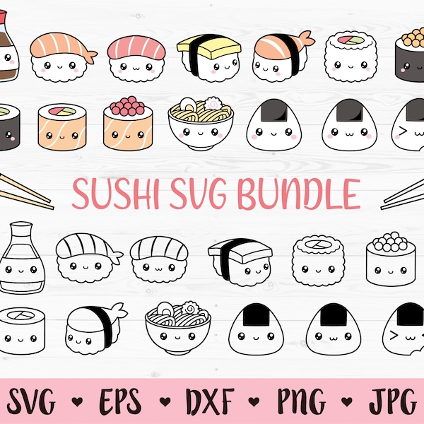 Kawaii Sushi SVG Bundle Japanese Food cutting file Cute Nigiri Soy Sauce Onigiri Maki Ramen Japan lover Silhouette Cricut Vinyl Decal Shirt