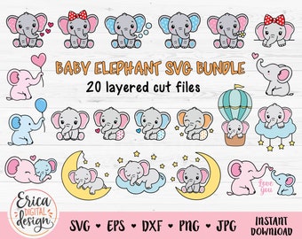Baby elephant SVG Bundle Layered cut files for Cricut Silhouette Baby Shower clipart Girl Boy Shirt Bodysuit Pregnancy PNG Cute animal svg