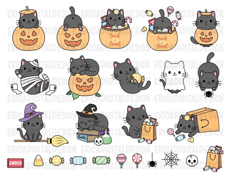 May include: A set of 18 Halloween-themed digital clipart images featuring cute black cats in various poses. The images include cats dressed as mummies, witches, and ghosts, as well as cats holding pumpkins, candy bags, and brooms. The set also includes various Halloween-themed elements such as candy, a spider web, and a skull.